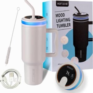 Smart Water Bottle with Reminder to Drink Water|Smart Tumbler with Mood Lighting For Camping |LED Glow Reminder When You Need to Drink| Straw Lid,40oz,Insulated Stainless Steel(Cream