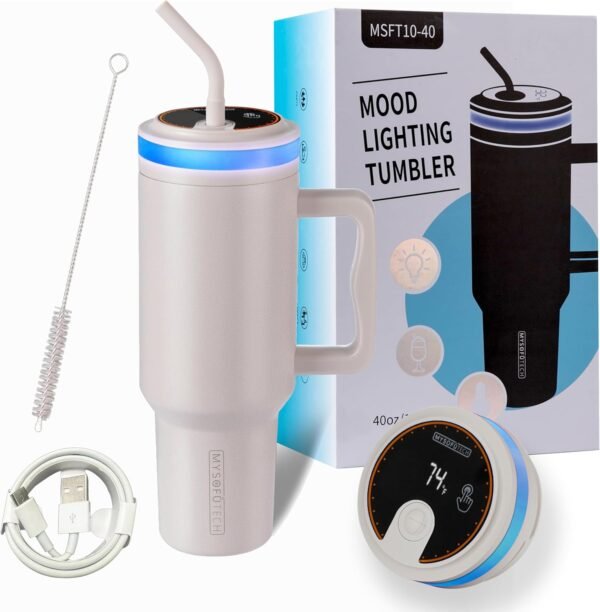 Smart Water Bottle with Reminder to Drink Water|Smart Tumbler with Mood Lighting For Camping |LED Glow Reminder When You Need to Drink| Straw Lid,40oz,Insulated Stainless Steel(Cream