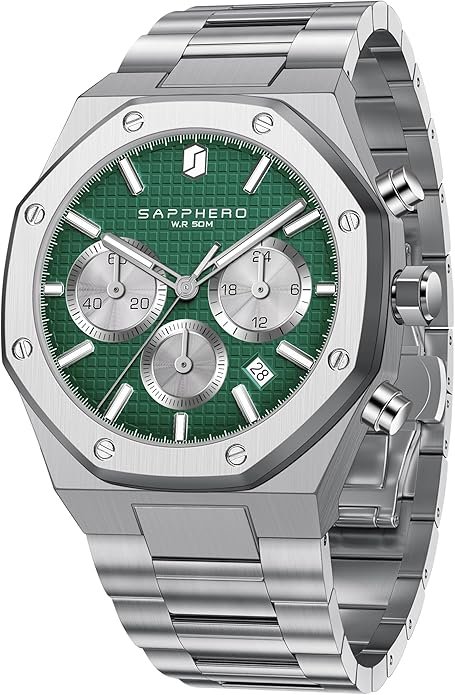 SAPPHERO Men's Watch Luxury Stainless Steel Quartz Wristwatch 50M Waterproof Octagonal Chronograph Simple Holiday Gift for Men