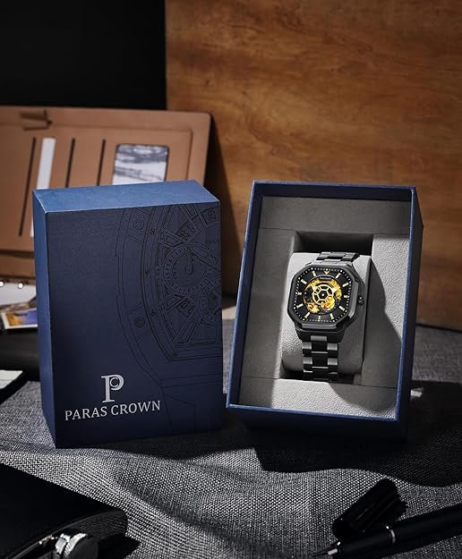 Paras Crown Automatic Analog Watches for Men Mechanical Mens Watches Stainless Case 50M Waterproof Fashion Luxury Wrist Watches with Silicone Strap