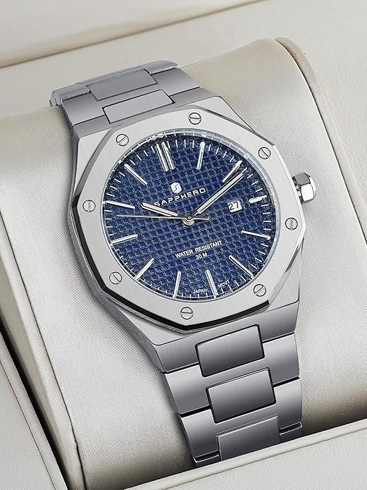 SAPPHERO Men's Watch Octagonal Stainless Steel 30M Waterproof Luminous Wristwatch Luxury Analog Quartz Watch for Men with Date Elegant Mens