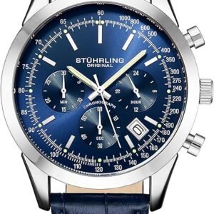 Stuhrling Original Mens Watches Chronograph Analog Blue Watch Dial with Date - Tachymeter 24-Hour Subdial Mens Blue Leather Strap - Watches for Men Rialto Collection
