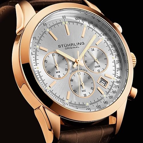 91KDSS3KMjL._AC_SY500_ Stuhrling Original Mens Dress Watch Chronograph Analog Watch Dial with Date - Tachymeter 24-Hour Subdial Mens Leather Strap - Watches for Men Rialto Collection