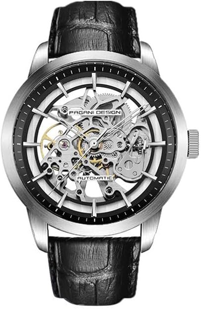 Pagani Design Classic Fashion Men's Skeleton Automatic Mechanical Watch Leather Strap Stainless Steel Self-Winding Waterproof Business Analogue Sports Wristwatch