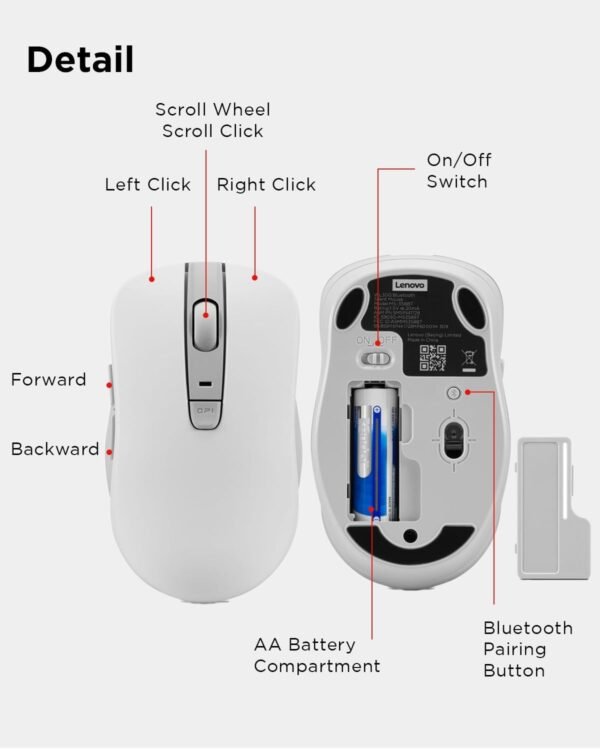 611aHb4+8vL._AC_SL1500_ Lenovo Bluetooth Silent Mouse (WL300) - 5 Button Computer Mouse with Silent Left & Right Click – Sculpted Grip, Microsoft Swift Pair, Up to 1600 DPI (Grey)