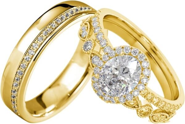 S925 10k/14k/18k Real Gold Moissanite Couple Ring Set For Men and Women, 1-3 CT Pear/Asscher/Emerald Cut Moissanite Wedding Couple Ring Set D Color VVS1 Clarity Anniversary Engagement