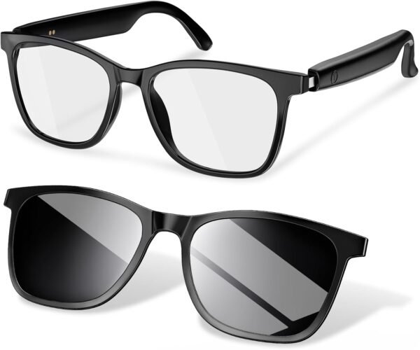 615F0+41cRL._AC_SL1500_ Smart Glasses, Blue Light Blocking Clear Lenses + Magnetic Clip-On Sunglasses, Bluetooth Glasses with Open Ear Speaker, Voice Assistant Compatible for iPhone Android