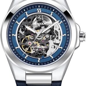 BENYAR Men's Watches Automatic Movement Watches for Man Mechanical Watch Hardened Glass Mirror Wristwatch PU Leather Strap