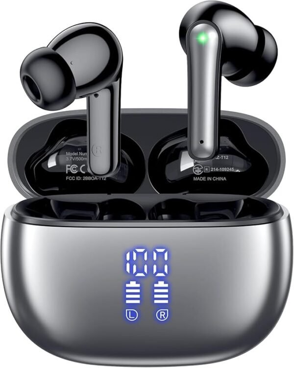 Wireless Earbuds, Bluetooth Ear Buds Headphones, 40H Long Playtime, Stereo Deep Bass, LED Power Display, IPX7, Lightweight in Ear Earphone with Mic for iPhone Android Phone