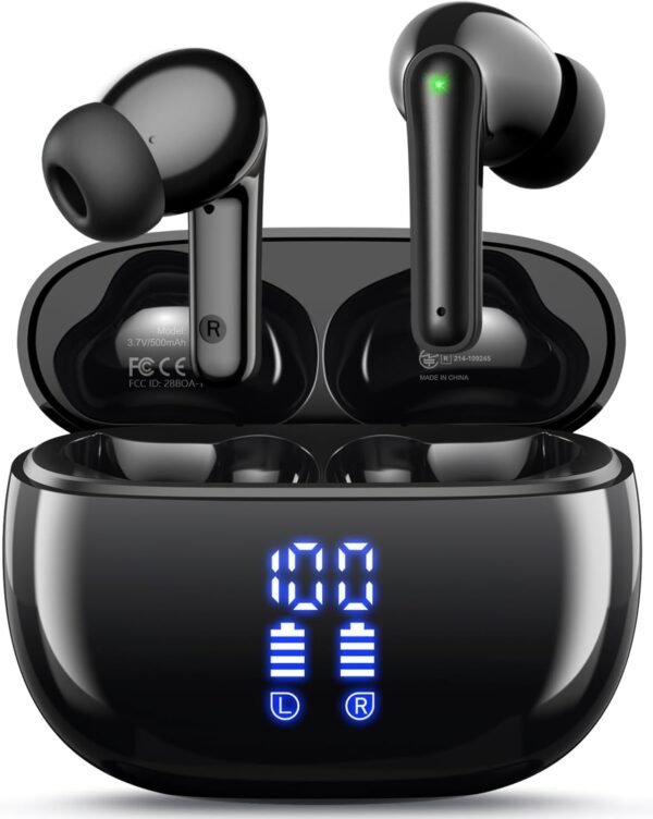 Wireless Earbuds, Bluetooth Ear Buds Headphones, 40H Long Playtime, Stereo Deep Bass, LED Power Display, IPX7, Lightweight in Ear Earphone with Mic for iPhone Android Phone