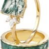 S925 Natural Moss Agate Wedding Rings for Couple, 10K/14K/18K Gold Couple Rings Set for Men and Women, Customized Green 2Pcs Promise Bands for Him and Her Engagement Valentine's Day Free Engraving