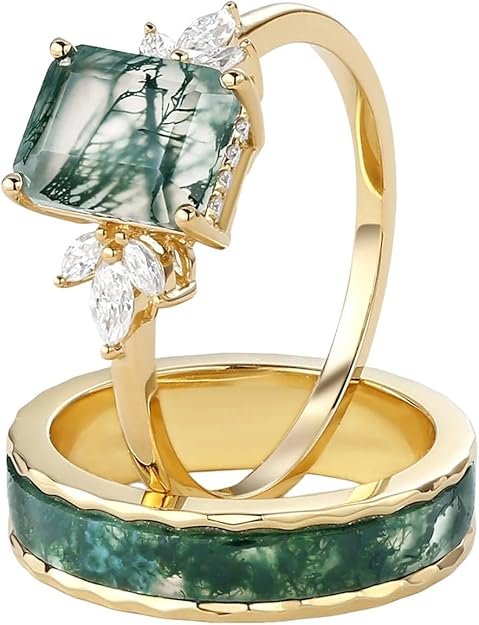 S925 Natural Moss Agate Wedding Rings for Couple, 10K/14K/18K Gold Couple Rings Set for Men and Women, Customized Green 2Pcs Promise Bands for Him and Her Engagement Valentine's Day Free Engraving