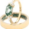 S925 Natural Moss Agate Wedding Rings for Couple, 10K/14K/18K Gold Couple Rings Set for Men and Women, Customized Green 2Pcs Promise Bands for Him and Her Engagement Valentine's Day Free Engraving