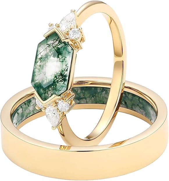S925 Natural Moss Agate Wedding Rings for Couple, 10K/14K/18K Gold Couple Rings Set for Men and Women, Customized Green 2Pcs Promise Bands for Him and Her Engagement Valentine's Day Free Engraving