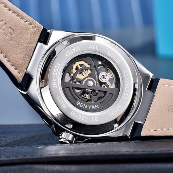 BENYAR Men's Watches Automatic Movement Watches for Man Mechanical Watch Hardened Glass Mirror Wristwatch PU Leather Strap