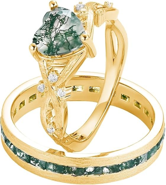 S925 Natural Moss Agate Wedding Rings for Couple, 10K/14K/18K Gold Couple Rings Set for Men and Women, Customized Green 2Pcs Promise Bands for Him and Her Engagement Valentine's Day Free Engraving