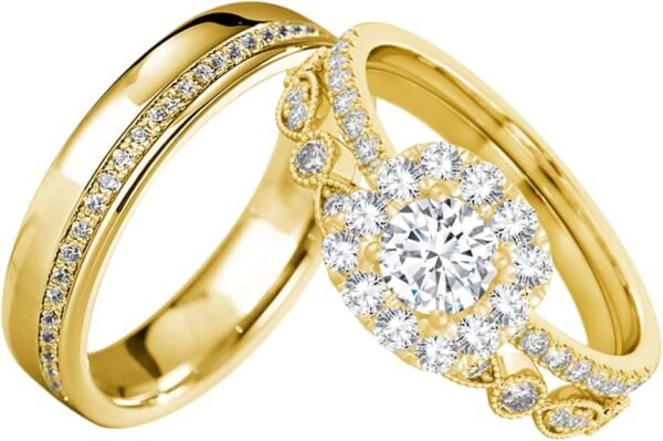 S925 10k/14k/18k Real Gold Moissanite Couple Ring Set For Men and Women, 1-3 CT Pear/Asscher/Emerald Cut Moissanite Wedding Couple Ring Set D Color VVS1 Clarity Anniversary Engagement