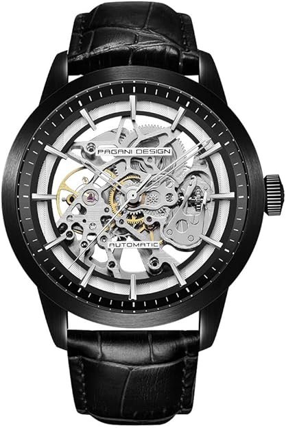 Pagani Design Classic Fashion Men's Skeleton Automatic Mechanical Watch Leather Strap Stainless Steel Self-Winding Waterproof Business Analogue Sports Wristwatch