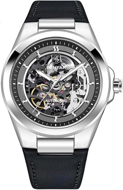 BENYAR Men's Watches Automatic Movement Watches for Man Mechanical Watch Hardened Glass Mirror Wristwatch PU Leather Strap