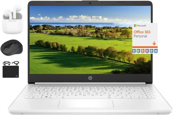 HP 2024 14" Laptop Notebook Thin Light for Students Business, Quad-Core Intel N4120, 4GB RAM, 128GB (64GB eMMC+ 64GB Card), 1 Year Office 365, Webcam, WiFi, Windows 11S, HubxcelAccessory White