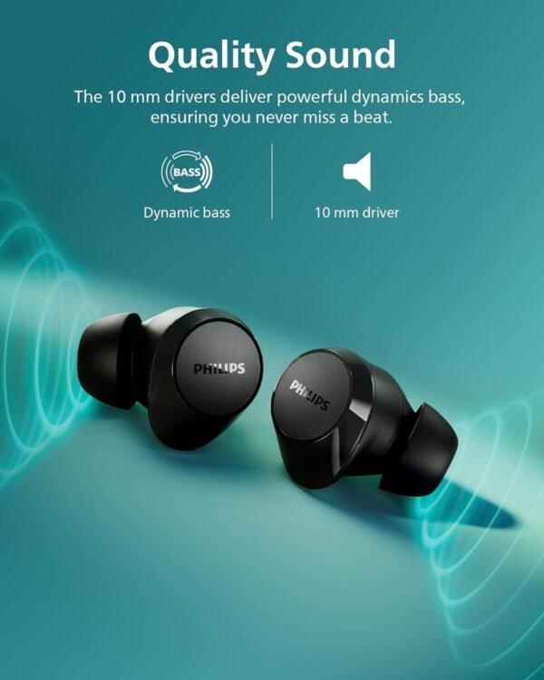 PHILIPS TAT1219 Wireless Earbuds,True Wireless Headphones,Powerful Bass with 10 mm Driver,Clear Call Quality with AI Mic,18 H Battery Life,Bluetooth 5.3,IPX4 Rating,Ergonomic Design for Comfort,Black