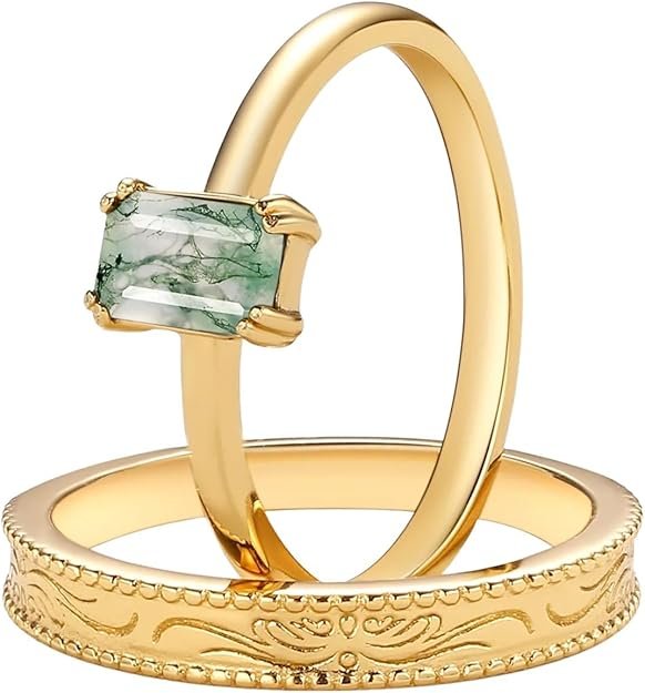 S925 Natural Moss Agate Wedding Rings for Couple, 10K/14K/18K Gold Couple Rings Set for Men and Women, Customized Green 2Pcs Promise Bands for Him and Her Engagement Valentine's Day Free Engraving