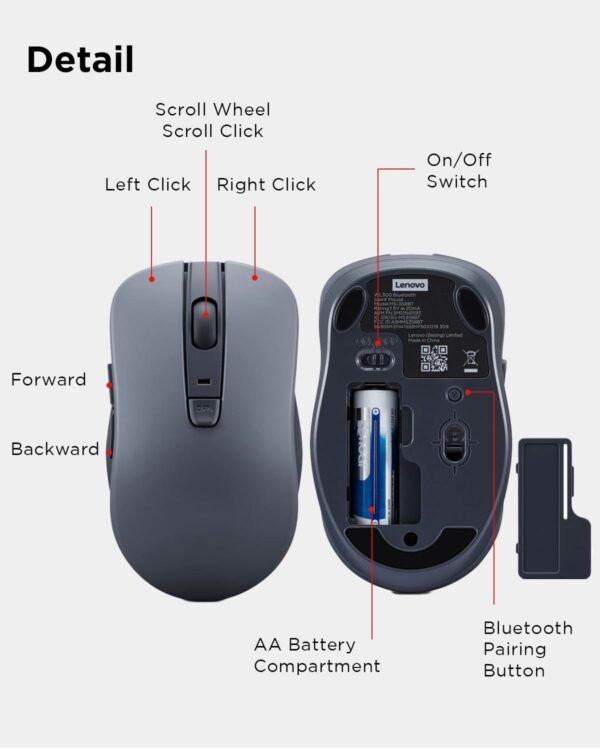 61za1Sl3xxL._AC_SL1500_ Lenovo Bluetooth Silent Mouse (WL300) - 5 Button Computer Mouse with Silent Left & Right Click – Sculpted Grip, Microsoft Swift Pair, Up to 1600 DPI (Grey)