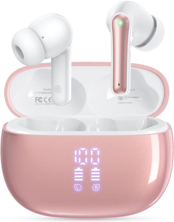 Wireless Earbuds, Bluetooth Ear Buds Headphones, 40H Long Playtime, Stereo Deep Bass, LED Power Display, IPX7, Lightweight in Ear Earphone with Mic for iPhone Android Phone