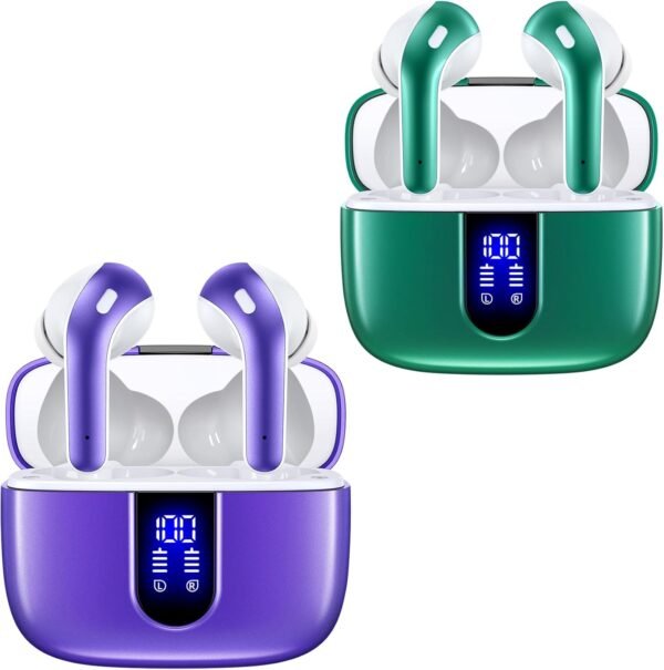 2 Sets X08 Forest Green and Phantom Purple Bluetooth Headphones True Wireless Earbuds 60H Playback Ear Buds with Wireless Charging Case in-Ear Earbuds with Mic