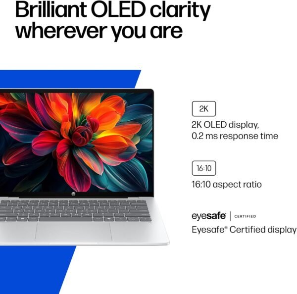 HP OmniBook 5 14 inch Next Gen AI PC, OLED Display, Snapdragon X Plus X1P-42-100, 16 GB RAM, 1 TB SSD, Qualcomm Adreno GPU, Windows 11 Home, Copilot+ PC, Glacier Silver, 14-he0099nr