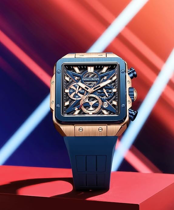 Paras Crown Mens Watches Ultra-Thin Square Watch Luxury Chronograph Analog Watches for Men Japanese Quartz Movement Stainless Steel Case 5ATM Waterproof Wrist Watch