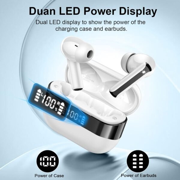 Wireless Earbuds, Bluetooth 5.4 Headphones with HiFi Stereo, in Ear Earphones with 4 ENC Mics, 48H Bluetooth Earbuds with LED Display Charging Case, IP7 Waterproof Ear Buds for Android iOS White