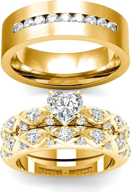 3Pcs Moissanite Wedding Rings Sets for Couples, s925 10K 14K 18K Gold Wedding Rings Sets for Him and Her, Customized Matching Engagement Bands Set for Men and Women Free Engraving