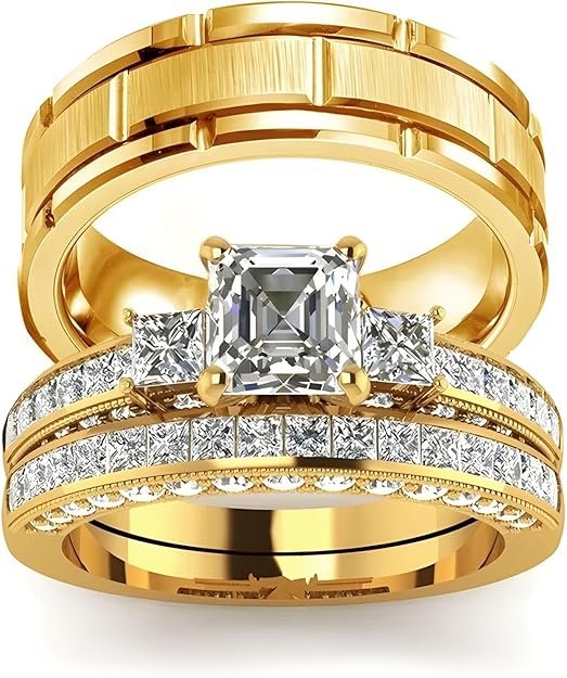 3Pcs Moissanite Wedding Rings Sets for Couples, s925 10K 14K 18K Gold Wedding Rings Sets for Him and Her, Customized Matching Engagement Bands Set for Men and Women Free Engraving