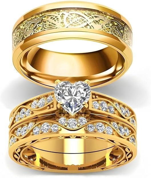 3Pcs Moissanite Wedding Rings Sets for Couples, s925 10K 14K 18K Gold Wedding Rings Sets for Him and Her, Customized Matching Engagement Bands Set for Men and Women Free Engraving