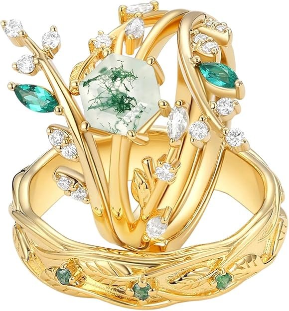 S925 Natural Moss Agate Wedding Rings for Couple, 10K/14K/18K Gold Couple Rings Set for Men and Women, Customized Green 2Pcs Promise Bands for Him and Her Engagement Valentine's Day Free Engraving