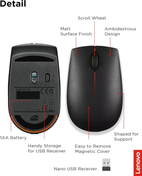 71MTU4I00yL._AC_SL1500_ Lenovo 300 Wireless Mouse – Computer Mouse for PC, Laptop with Windows – Ambidextrous Design – 2.4 GHz Nano USB Receiver – 12 Month Battery Life