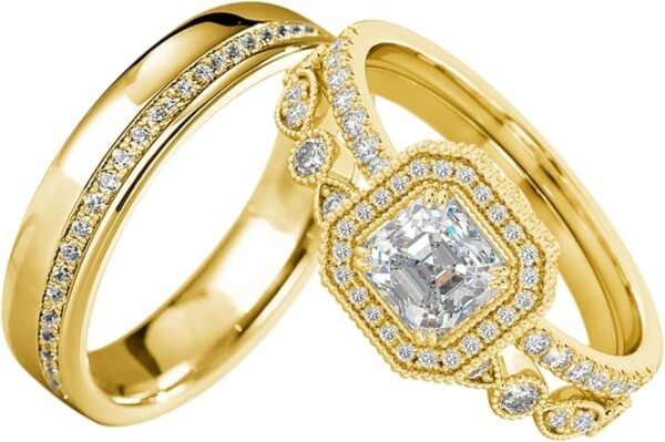 S925 10k/14k/18k Real Gold Moissanite Couple Ring Set For Men and Women, 1-3 CT Pear/Asscher/Emerald Cut Moissanite Wedding Couple Ring Set D Color VVS1 Clarity Anniversary Engagement