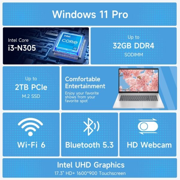 HP High-Performance 17.3" Laptop, 17.3" HD+ Touchscreen, 8-Cores Intel i3-N305, 16GB RAM, 128GB eMMC + 1TB PCIe SSD, Webcam, HDMI, Numeric Keypad, Wi-Fi 6, Windows 11 Pro, Silver