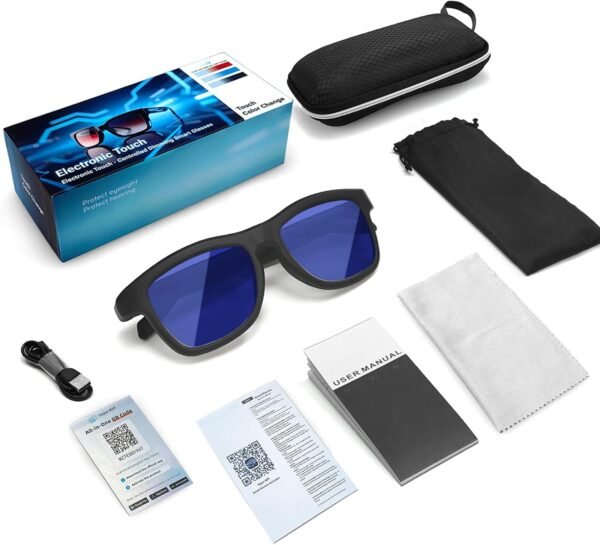 Ai Smart Glasses with Chat GPT, Translation Bluetooth Glasses for Men Women, UV Protection Slidable Color-Change Lens, Open Ear Translator Voice Assistant, for Music Meeting Travel Driving (Blue)