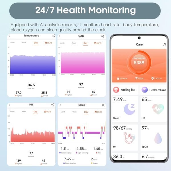 Blood Pressure Smart Watch Air Pump Air Bag, Voice Broadcast, Data Sharing, 2.06" AMOLED Fitness Tracker, 24/7 Heart Rate/Blood Oxygen/Sleep SOS,Black