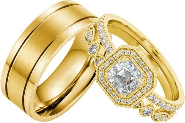 S925 10k/14k/18k Real Gold Moissanite Couple Ring Set For Men and Women, 1-3 CT Pear/Asscher/Emerald Cut Moissanite Wedding Couple Ring Set D Color VVS1 Clarity Anniversary Engagement