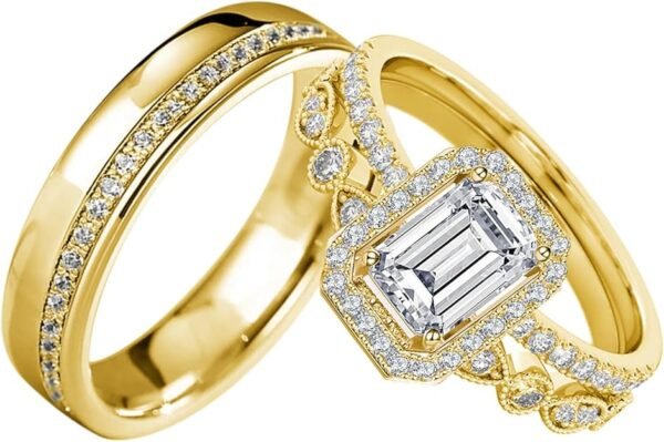 S925 10k/14k/18k Real Gold Moissanite Couple Ring Set For Men and Women, 1-3 CT Pear/Asscher/Emerald Cut Moissanite Wedding Couple Ring Set D Color VVS1 Clarity Anniversary Engagement