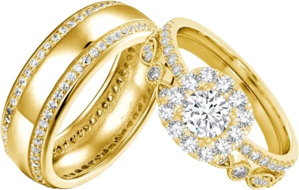 S925 10k/14k/18k Real Gold Moissanite Couple Ring Set For Men and Women, 1-3 CT Pear/Asscher/Emerald Cut Moissanite Wedding Couple Ring Set D Color VVS1 Clarity Anniversary Engagement