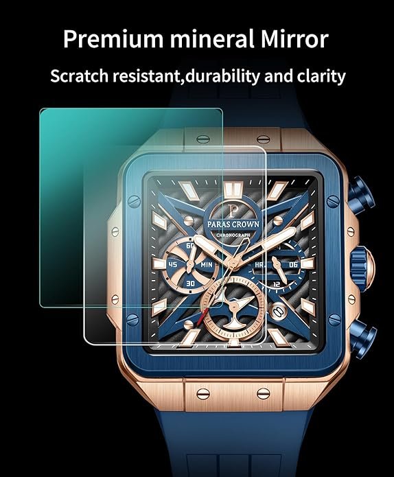 Paras Crown Mens Watches Ultra-Thin Square Watch Luxury Chronograph Analog Watches for Men Japanese Quartz Movement Stainless Steel Case 5ATM Waterproof Wrist Watch