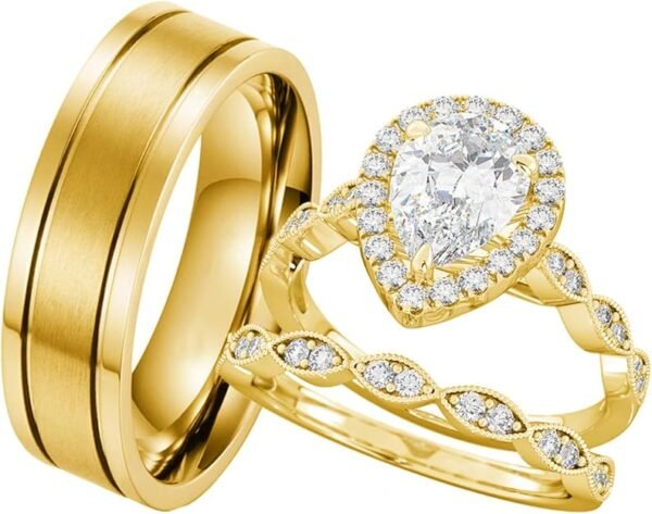 S925 10k/14k/18k Real Gold Moissanite Couple Ring Set For Men and Women, 1-3 CT Pear/Asscher/Emerald Cut Moissanite Wedding Couple Ring Set D Color VVS1 Clarity Anniversary Engagement