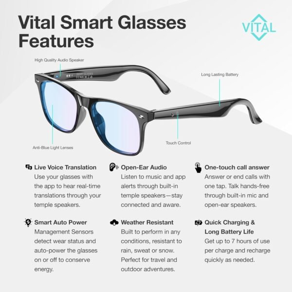 Vital Smart Glasses for Men AI Translation – Open-Ear Bluetooth 5.3 Audio, 130-Language Translator Vital Smart Glasses for Women UV400 Blue-Light Blocker Voice-Assistant Eyewear AI Glass