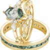 S925 Natural Moss Agate Wedding Rings for Couple, 10K/14K/18K Gold Couple Rings Set for Men and Women, Customized Green 2Pcs Promise Bands for Him and Her Engagement Valentine's Day Free Engraving