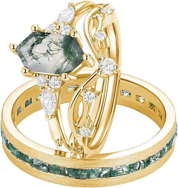 S925 Natural Moss Agate Wedding Rings for Couple, 10K/14K/18K Gold Couple Rings Set for Men and Women, Customized Green 2Pcs Promise Bands for Him and Her Engagement Valentine's Day Free Engraving