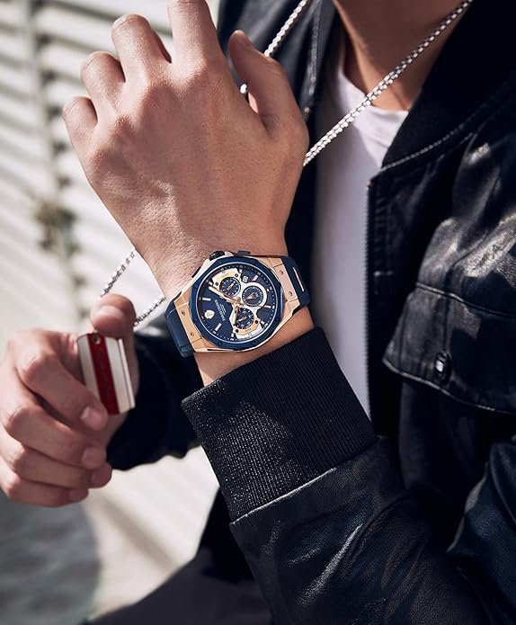 Mens Watches Fashion Luxury Quartz Waterproof Chronograph Wrist Watches for Men Silicone Strap Stainless Steel Case